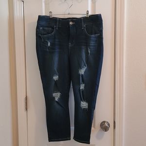 Dark wash, distressed jeans